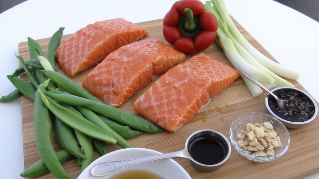 salmon stir fry ingredient preparation